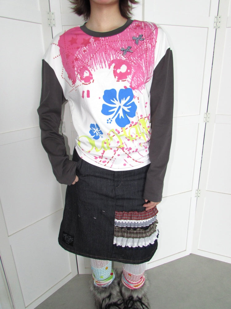 Comic Girl Print Bow Decoration Waist-Cinching Pleated Loose Long-Sleeve Top【s0000018954】