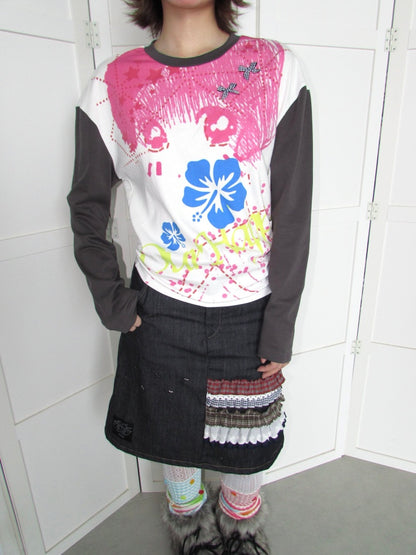 Comic Girl Print Bow Decoration Waist-Cinching Pleated Loose Long-Sleeve Top【s0000018954】