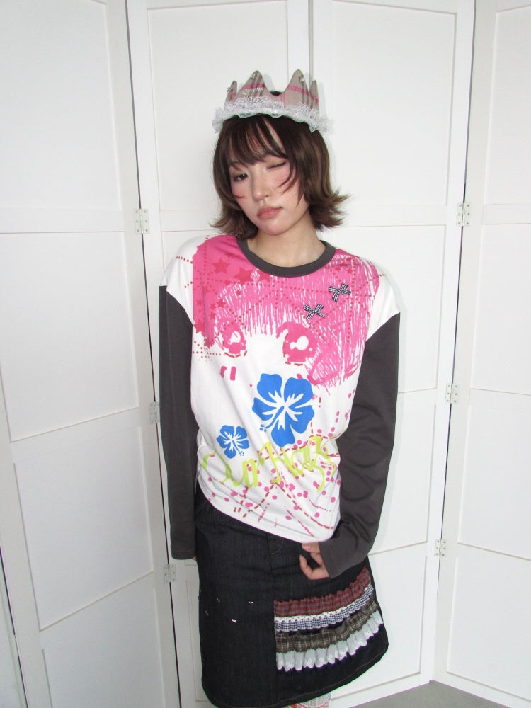 Comic Girl Print Bow Decoration Waist-Cinching Pleated Loose Long-Sleeve Top【s0000018954】
