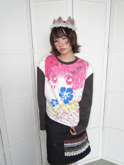 Comic Girl Print Bow Decoration Waist-Cinching Pleated Loose Long-Sleeve Top【s0000018954】