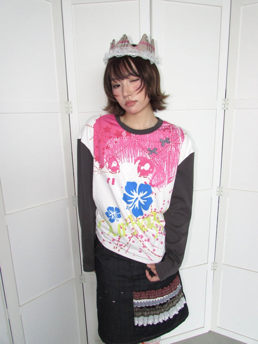 Comic Girl Print Bow Decoration Waist-Cinching Pleated Loose Long-Sleeve Top【s0000018954】