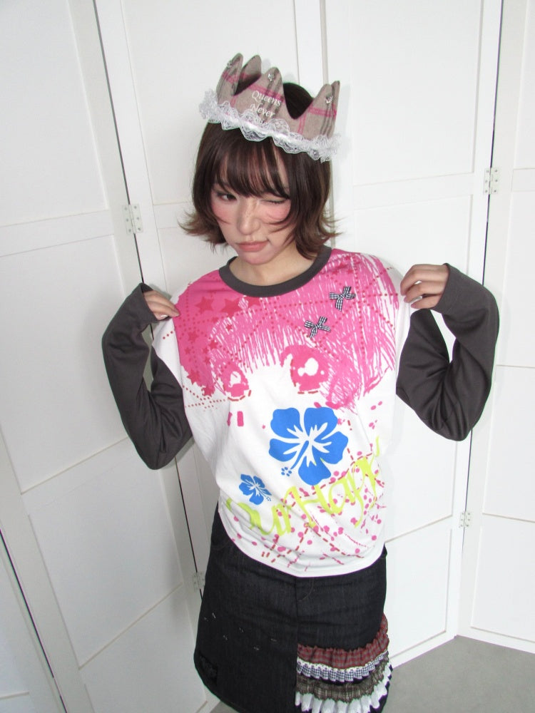 Comic Girl Print Bow Decoration Waist-Cinching Pleated Loose Long-Sleeve Top【s0000018954】