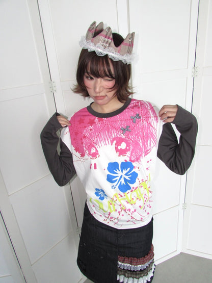 Comic Girl Print Bow Decoration Waist-Cinching Pleated Loose Long-Sleeve Top【s0000018954】