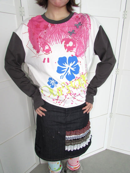 Comic Girl Print Bow Decoration Waist-Cinching Pleated Loose Long-Sleeve Top【s0000018954】