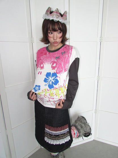 Comic Girl Print Bow Decoration Waist-Cinching Pleated Loose Long-Sleeve Top【s0000018954】