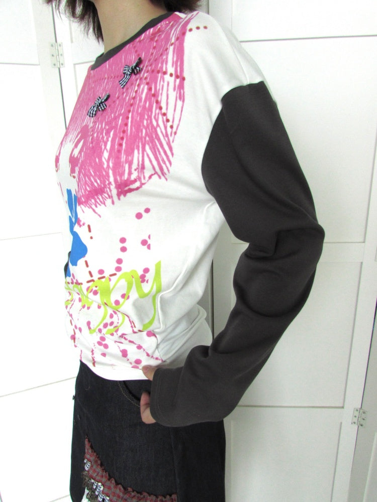 Comic Girl Print Bow Decoration Waist-Cinching Pleated Loose Long-Sleeve Top【s0000018954】