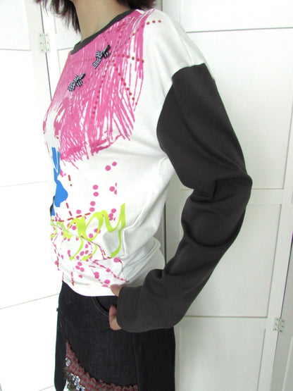 Comic Girl Print Bow Decoration Waist-Cinching Pleated Loose Long-Sleeve Top【s0000018954】