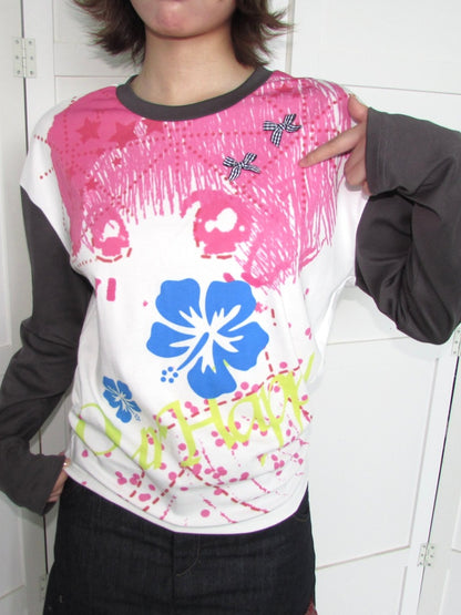 Comic Girl Print Bow Decoration Waist-Cinching Pleated Loose Long-Sleeve Top【s0000018954】