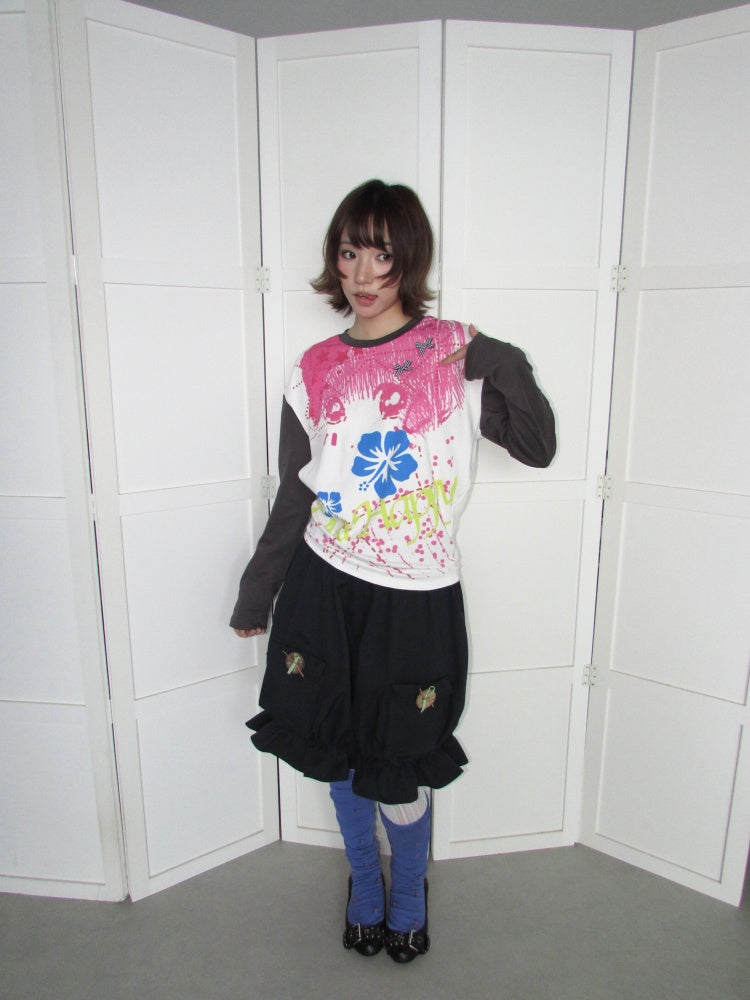 Comic Girl Print Bow Decoration Waist-Cinching Pleated Loose Long-Sleeve Top【s0000018954】