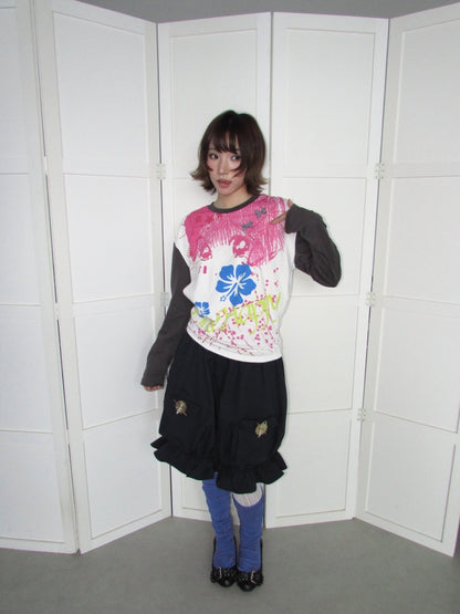 Comic Girl Print Bow Decoration Waist-Cinching Pleated Loose Long-Sleeve Top【s0000018954】
