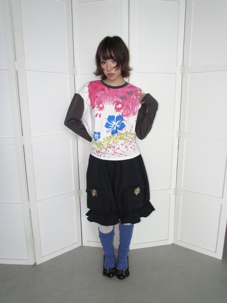 Comic Girl Print Bow Decoration Waist-Cinching Pleated Loose Long-Sleeve Top【s0000018954】