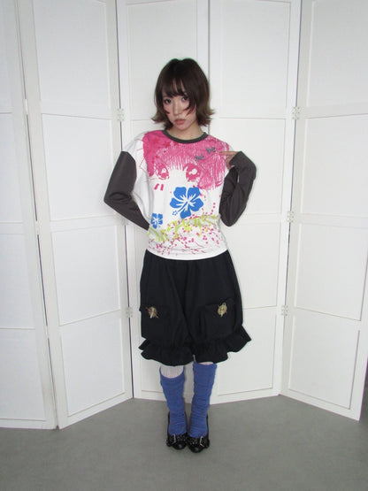 Comic Girl Print Bow Decoration Waist-Cinching Pleated Loose Long-Sleeve Top【s0000018954】