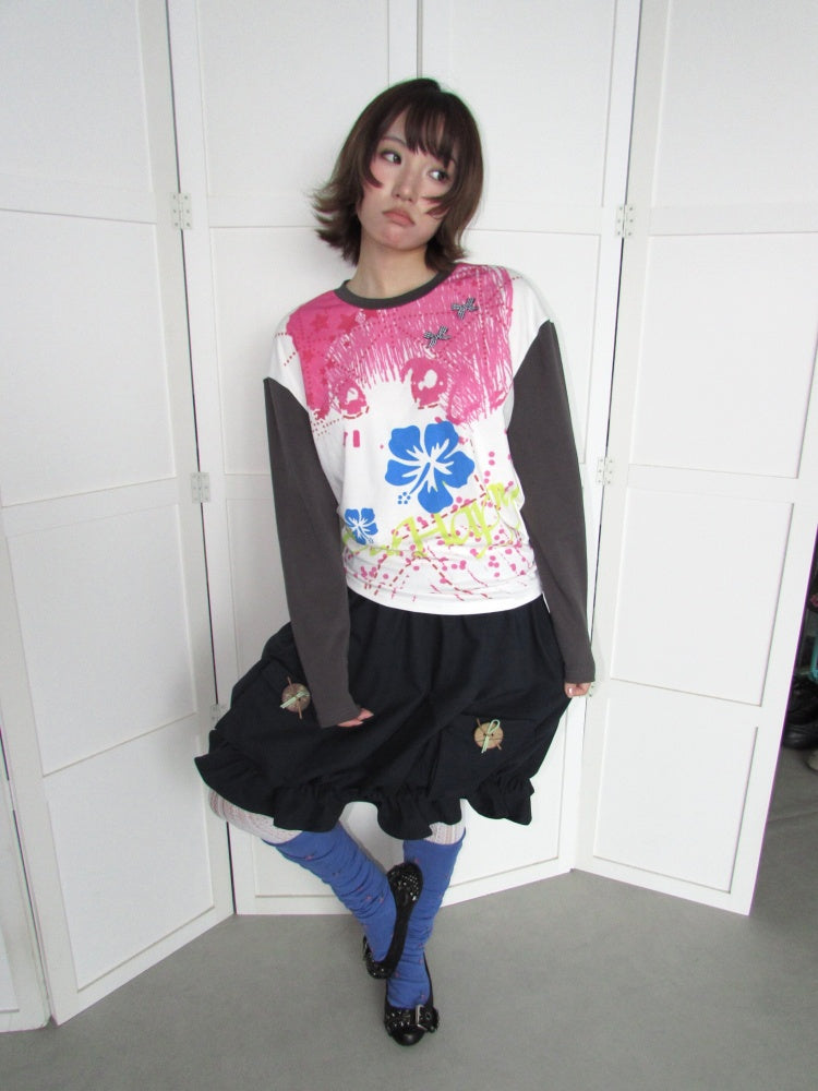 Comic Girl Print Bow Decoration Waist-Cinching Pleated Loose Long-Sleeve Top【s0000018954】