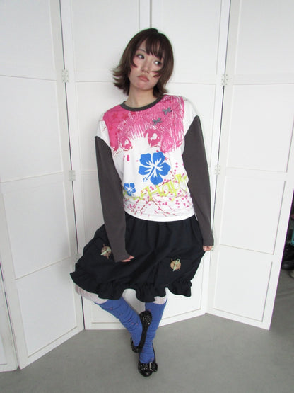 Comic Girl Print Bow Decoration Waist-Cinching Pleated Loose Long-Sleeve Top【s0000018954】