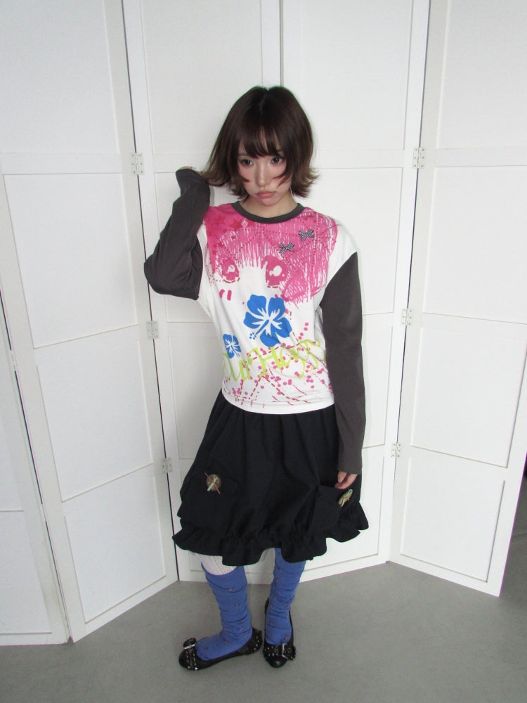 Comic Girl Print Bow Decoration Waist-Cinching Pleated Loose Long-Sleeve Top【s0000018954】