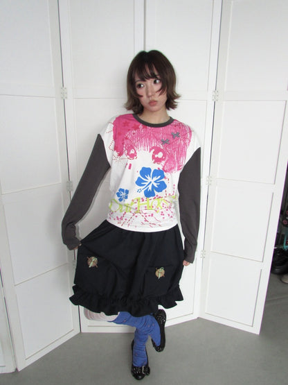 Comic Girl Print Bow Decoration Waist-Cinching Pleated Loose Long-Sleeve Top【s0000018954】