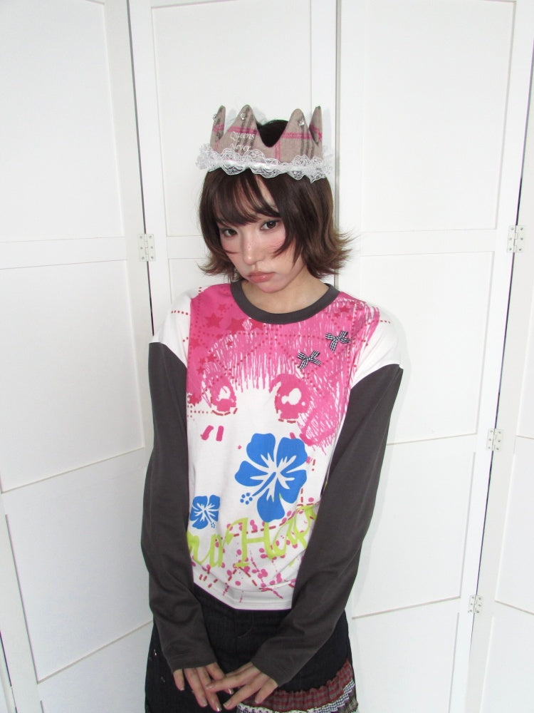 Comic Girl Print Bow Decoration Waist-Cinching Pleated Loose Long-Sleeve Top【s0000018954】