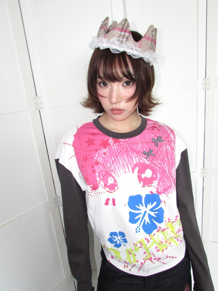 Comic Girl Print Bow Decoration Waist-Cinching Pleated Loose Long-Sleeve Top【s0000018954】