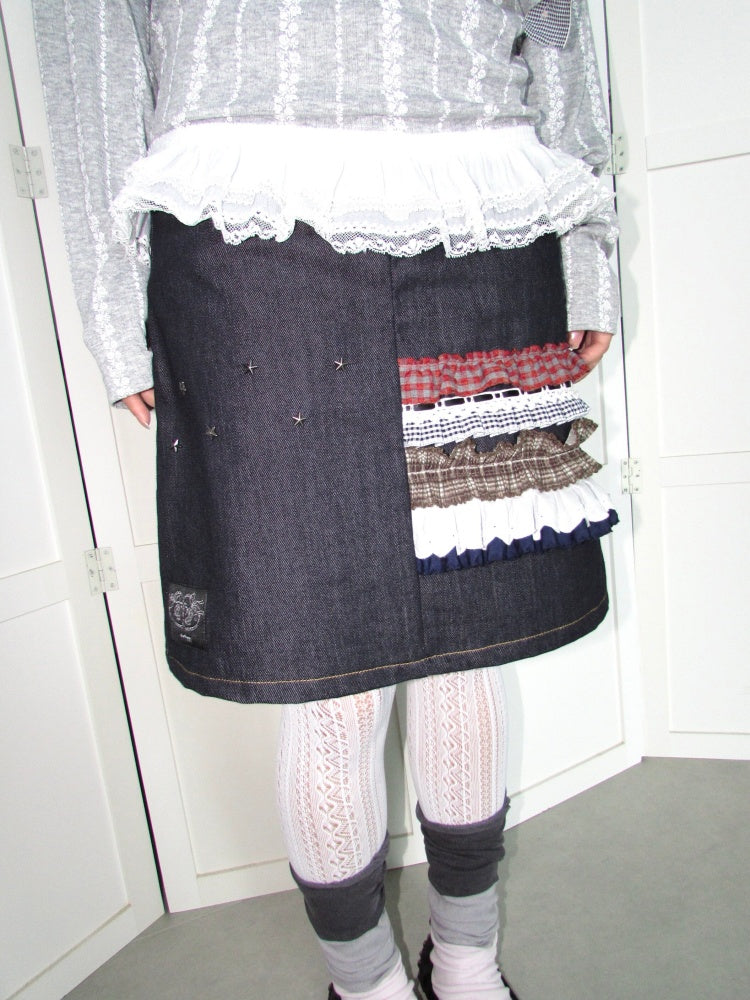 Heavy-Industry Star Riveted Multi-Layer Lace Denim A-Line Midi Skirt【s0000018955】