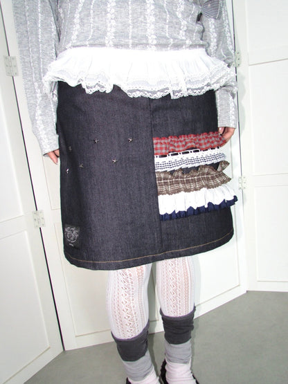 Heavy-Industry Star Riveted Multi-Layer Lace Denim A-Line Midi Skirt【s0000018955】