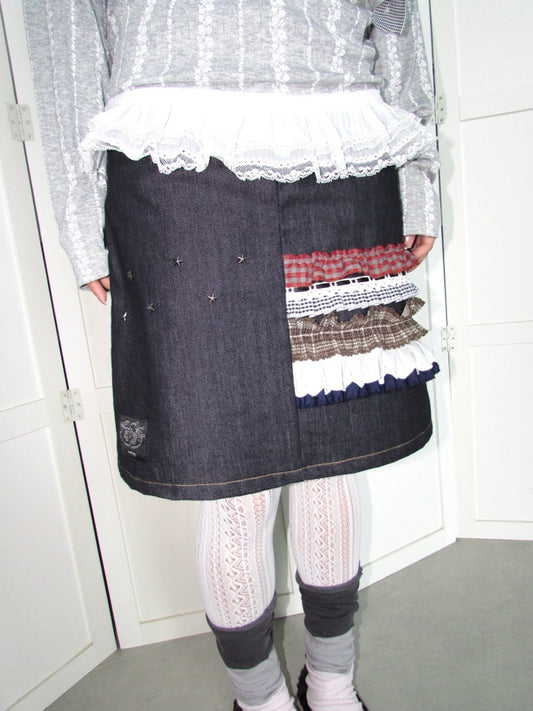 Heavy-Industry Star Riveted Multi-Layer Lace Denim A-Line Midi Skirt【s0000018955】