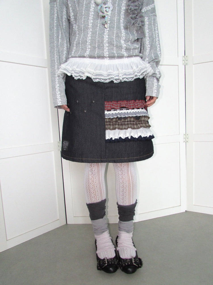 Heavy-Industry Star Riveted Multi-Layer Lace Denim A-Line Midi Skirt【s0000018955】