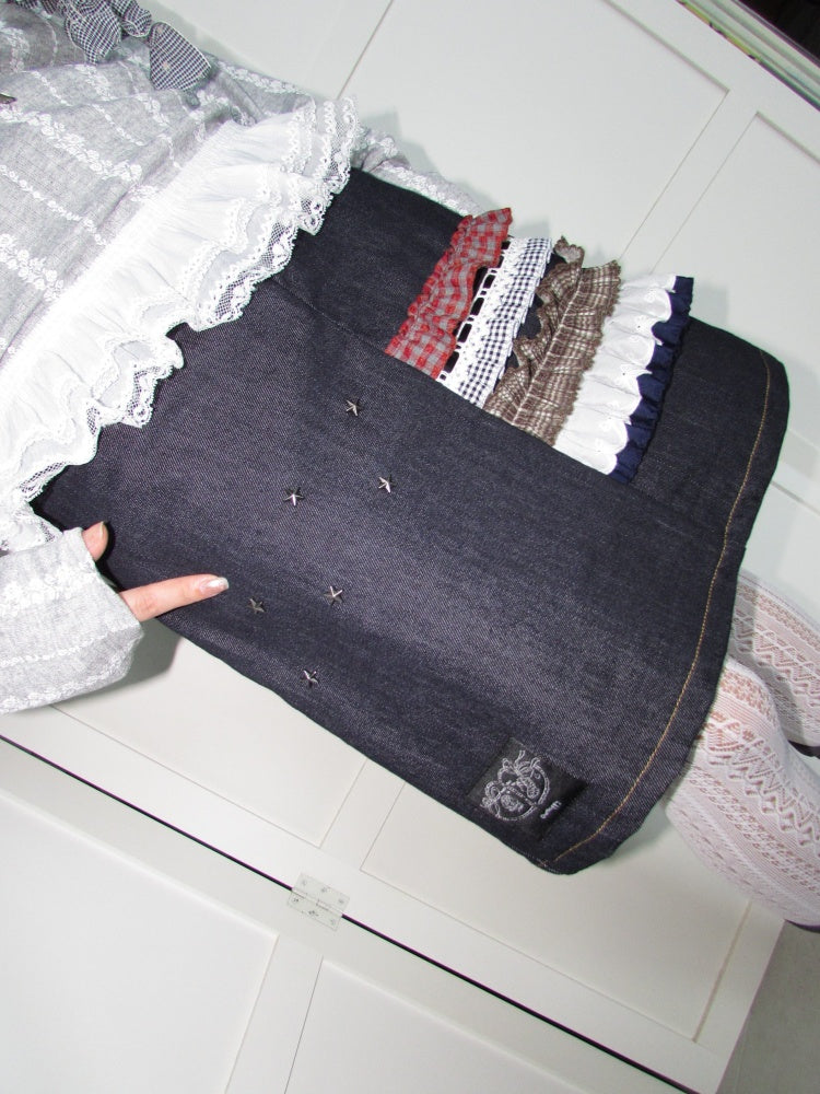 Heavy-Industry Star Riveted Multi-Layer Lace Denim A-Line Midi Skirt【s0000018955】