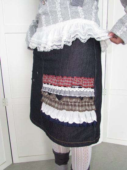 Heavy-Industry Star Riveted Multi-Layer Lace Denim A-Line Midi Skirt【s0000018955】