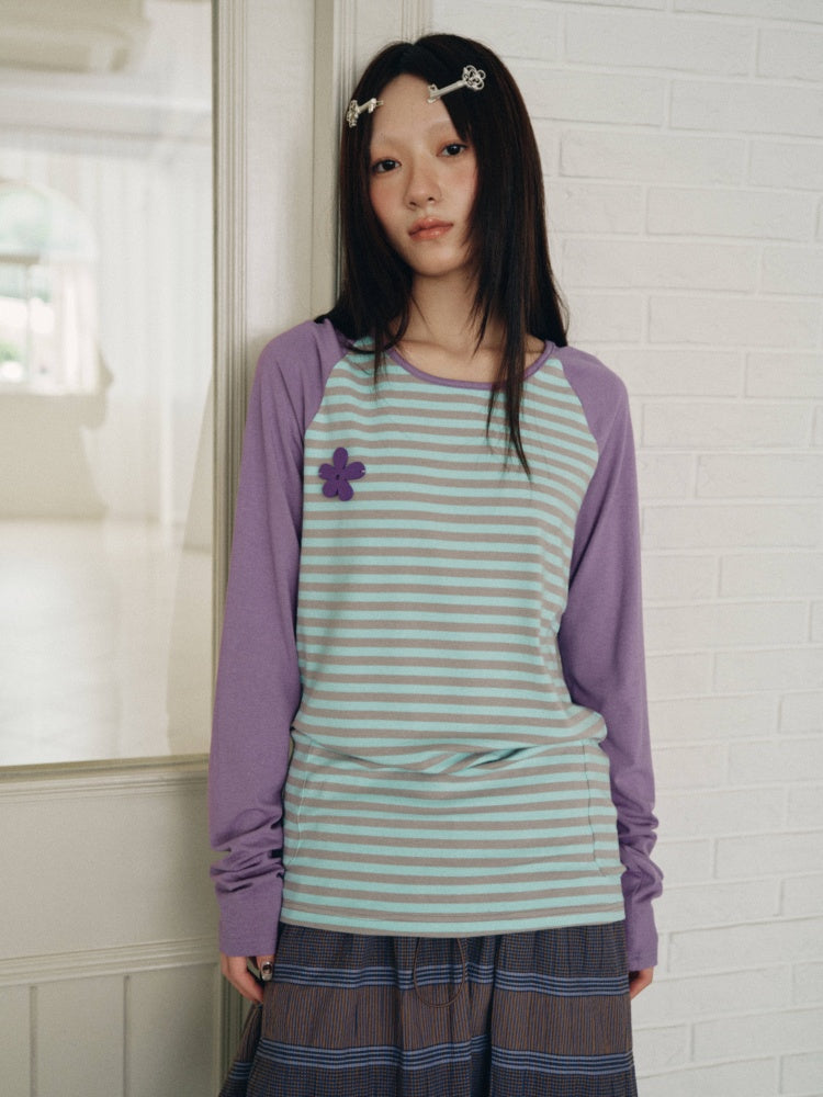 Color-Block Striped Patchwork Raglan-Sleeve Mid-Length Long-Sleeve Top【s0000018956】