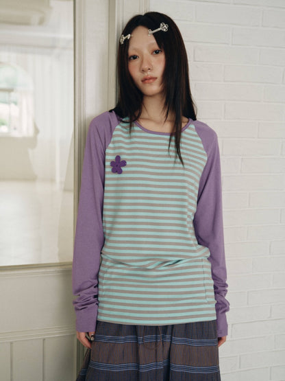 Color-Block Striped Patchwork Raglan-Sleeve Mid-Length Long-Sleeve Top【s0000018956】