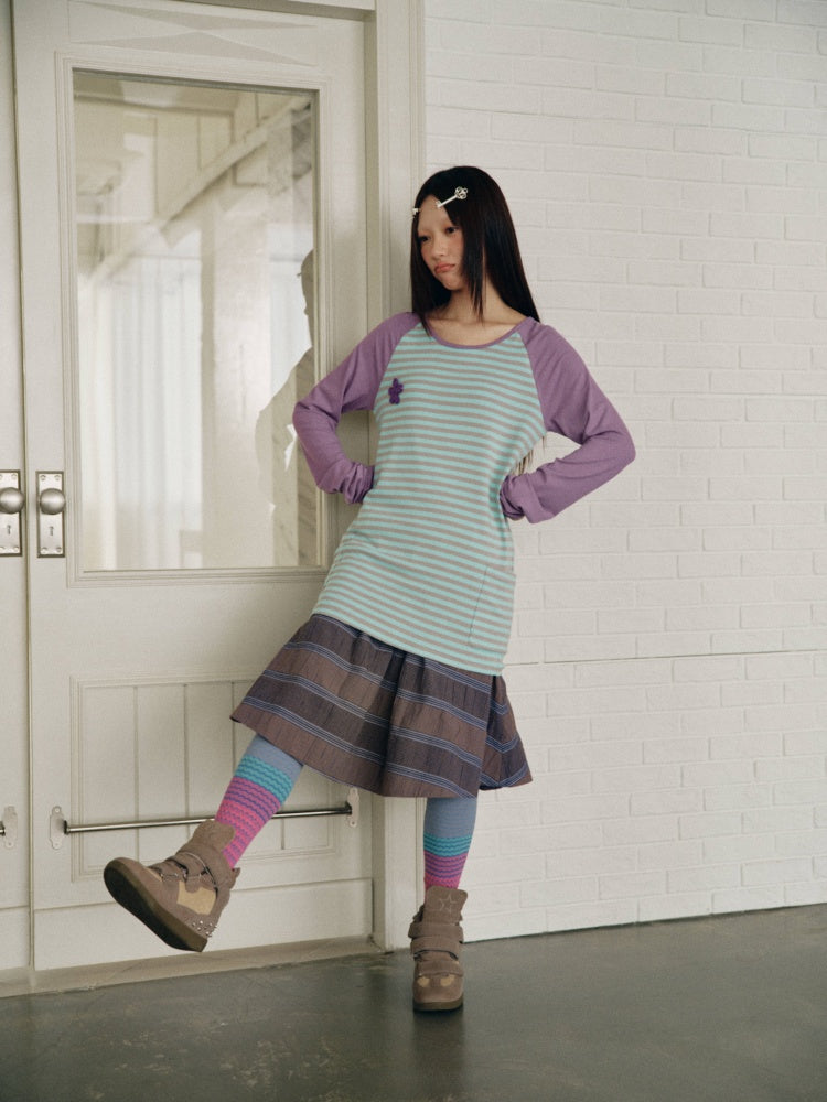 Color-Block Striped Patchwork Raglan-Sleeve Mid-Length Long-Sleeve Top【s0000018956】
