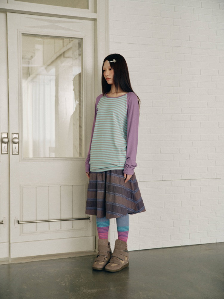 Color-Block Striped Patchwork Raglan-Sleeve Mid-Length Long-Sleeve Top【s0000018956】