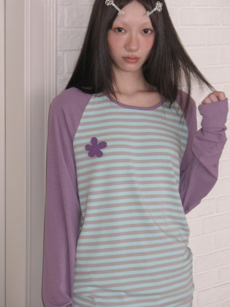 Color-Block Striped Patchwork Raglan-Sleeve Mid-Length Long-Sleeve Top【s0000018956】