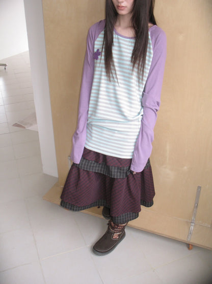 Color-Block Striped Patchwork Raglan-Sleeve Mid-Length Long-Sleeve Top【s0000018956】
