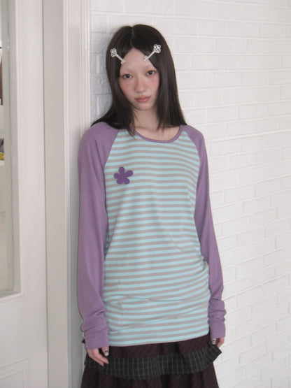 Color-Block Striped Patchwork Raglan-Sleeve Mid-Length Long-Sleeve Top【s0000018956】