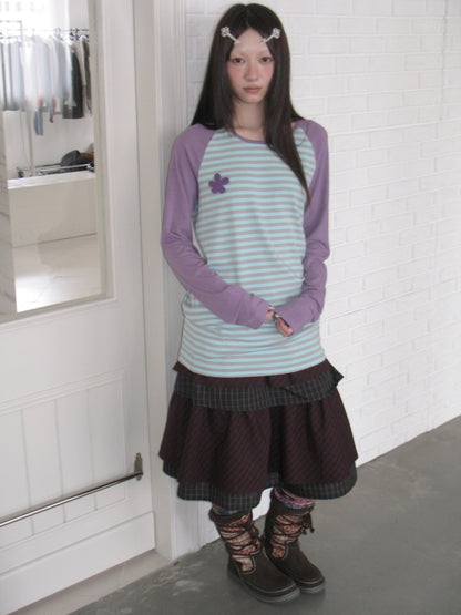 Color-Block Striped Patchwork Raglan-Sleeve Mid-Length Long-Sleeve Top【s0000018956】
