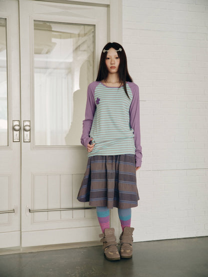 Color-Block Striped Patchwork Raglan-Sleeve Mid-Length Long-Sleeve Top【s0000018956】