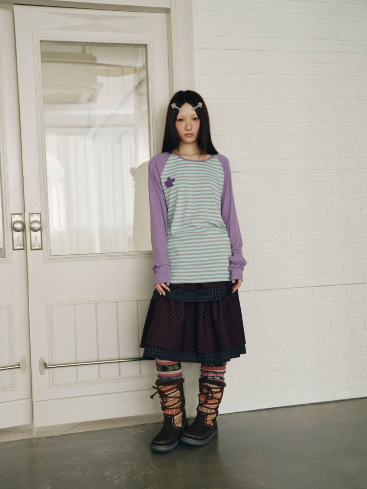 Color-Block Striped Patchwork Raglan-Sleeve Mid-Length Long-Sleeve Top【s0000018956】