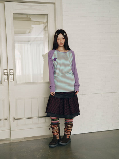 Color-Block Striped Patchwork Raglan-Sleeve Mid-Length Long-Sleeve Top【s0000018956】