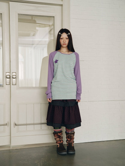 Color-Block Striped Patchwork Raglan-Sleeve Mid-Length Long-Sleeve Top【s0000018956】