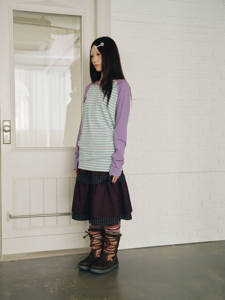 Color-Block Striped Patchwork Raglan-Sleeve Mid-Length Long-Sleeve Top【s0000018956】
