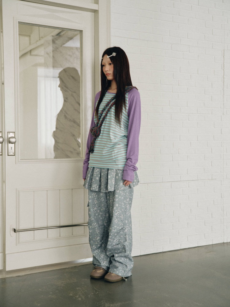 Color-Block Striped Patchwork Raglan-Sleeve Mid-Length Long-Sleeve Top【s0000018956】