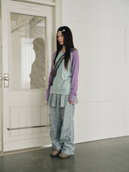 Color-Block Striped Patchwork Raglan-Sleeve Mid-Length Long-Sleeve Top【s0000018956】