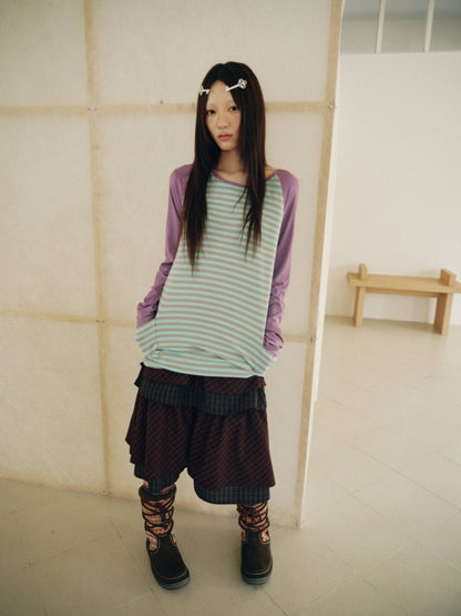 Color-Block Striped Patchwork Raglan-Sleeve Mid-Length Long-Sleeve Top【s0000018956】