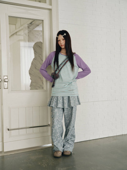 Color-Block Striped Patchwork Raglan-Sleeve Mid-Length Long-Sleeve Top【s0000018956】