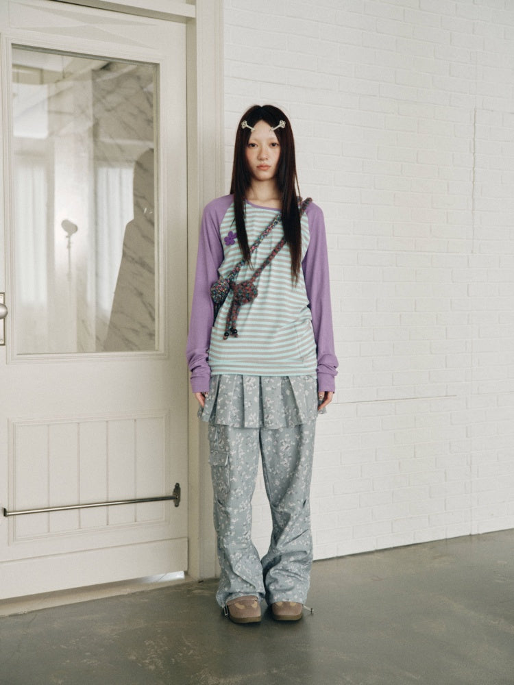 Color-Block Striped Patchwork Raglan-Sleeve Mid-Length Long-Sleeve Top【s0000018956】
