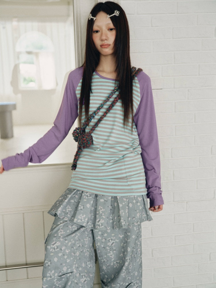 Color-Block Striped Patchwork Raglan-Sleeve Mid-Length Long-Sleeve Top【s0000018956】