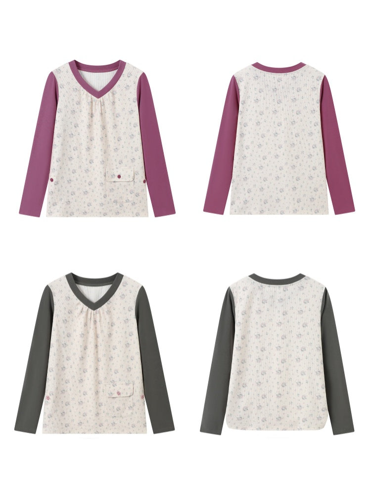 Color-Block Floral Patchwork V-Neck Pocket Long-Sleeve T-Shirt【s0000018957】