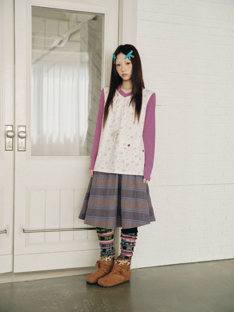 Color-Block Floral Patchwork V-Neck Pocket Long-Sleeve T-Shirt【s0000018957】