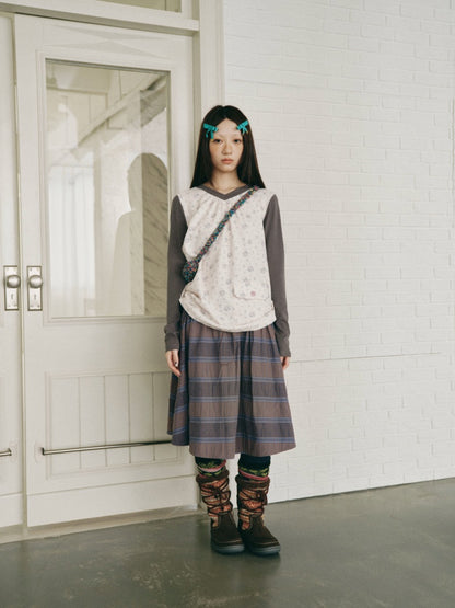Color-Block Floral Patchwork V-Neck Pocket Long-Sleeve T-Shirt【s0000018957】